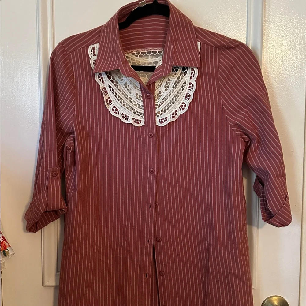 Striped Button-Down Tunic Dress w/ Crochet Lace Detail
